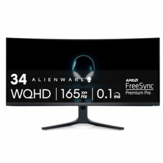 Alienware 34-inch curved monitor with WQHD, 165Hz, and FreeSync technology.