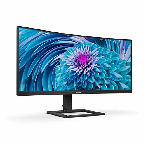 Curved monitor displaying a blue and purple flower.