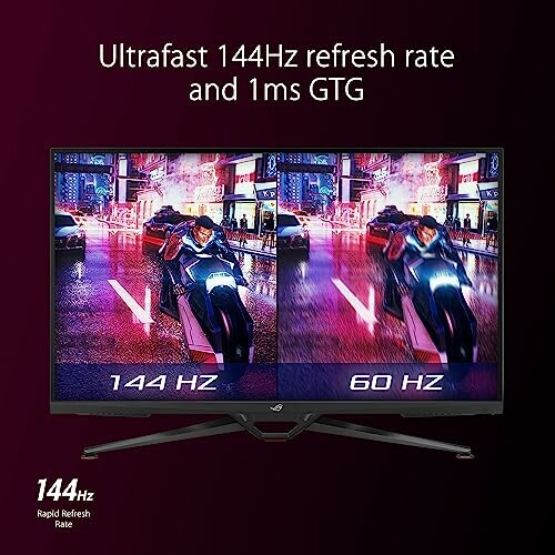 Comparison of gaming monitor refresh rates, 144Hz vs 60Hz, with motorcycle image.