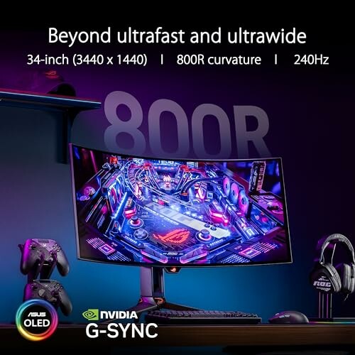 Curved gaming monitor with NVIDIA G-SYNC and 34-inch display.