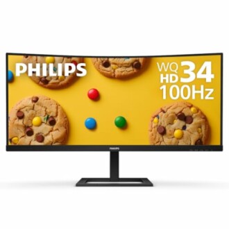 Philips curved monitor displaying cookies on a yellow background.