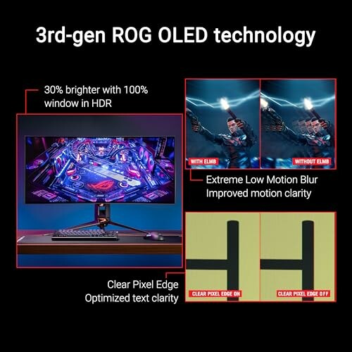 3rd-gen ROG OLED technology with HDR brightness, motion blur comparison, and text clarity.