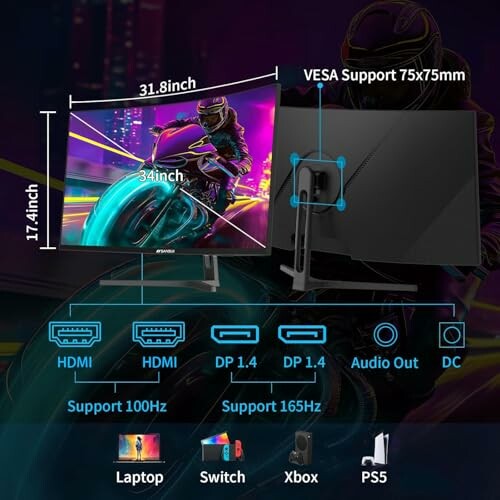 Gaming monitor with connectivity options and size specifications.