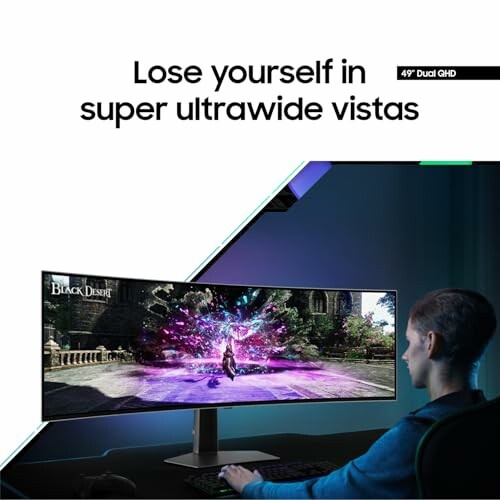 Person using 49 inch dual QHD ultrawide monitor displaying a game.