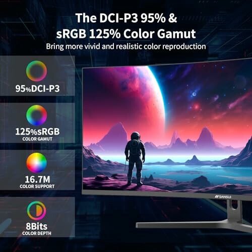 Monitor display showcasing DCI-P3 and sRGB color gamut with an astronaut on the screen.