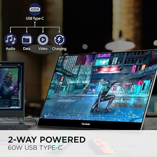 Portable monitor connected via USB Type-C displaying a video game scene.