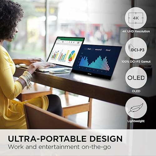 Person using a laptop with ultra-portable design features including 4K UHD, DCI-P3, OLED, and lightweight.